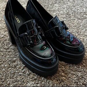 Aldo Black Patent Platform Loafers with Chunky Heel